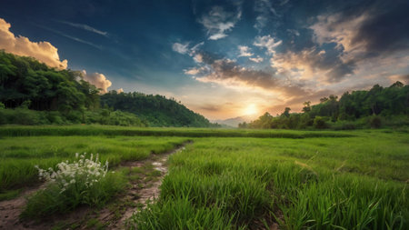 Landscape of rice field in the morning at Doi Inthanon National Park, Chiang Mai, Thailandの写真素材