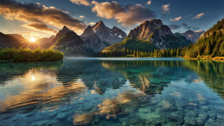 Panoramic view of Dolomites mountain lake, Italy.の写真素材