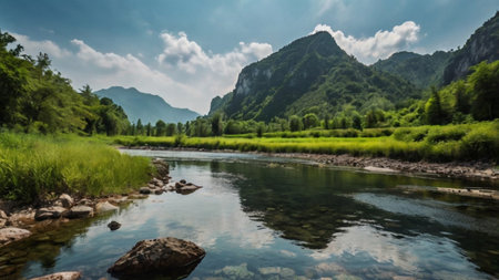Panoramic view of the mountain river in summer. Mountain river in the mountains.の写真素材