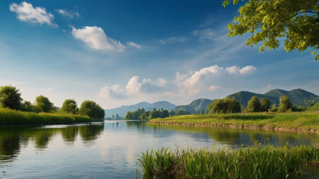 Beautiful summer landscape with blue sky and river. Panorama.の写真素材