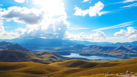 Landscape of grassland with lake and blue sky, Kyrgyzstanの写真素材