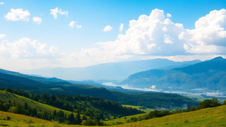 beautiful summer landscape with foggy valley in Carpathian mountainsの写真素材