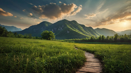 Sunset in the mountains with a wooden path leading to the valleyの写真素材