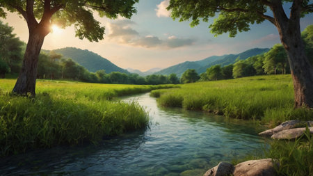 River flowing through the green field at sunset. Beautiful nature landscape.の写真素材