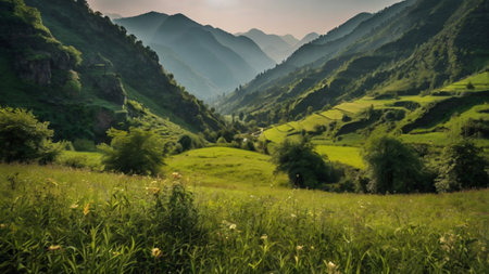 Beautiful summer landscape with green meadow and mountains in the backgroundの写真素材