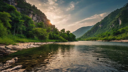 River in the mountains at sunset. Panoramic view of the mountain riverの写真素材