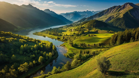 Panoramic view of the mountains and the river in the valleyの写真素材