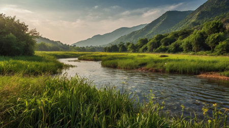 Landscape of the river and mountains in the countryside of Thailand.