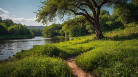 Beautiful summer landscape with river, trees and blue sky. Panoramaの写真素材