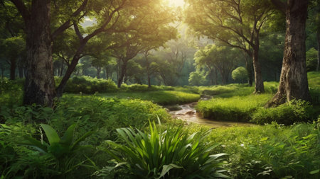 Green forest and river in the morning. Nature background. Beautiful landscape.の写真素材