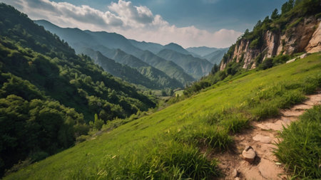 mountain landscape with green meadow and blue sky in chinaの写真素材