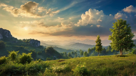 Beautiful summer landscape. Sunrise in the mountains. Ukraine, Europe.の写真素材