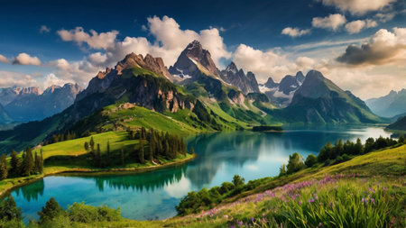 Panoramic view of a mountain lake in the Alps, showcasing the beautiful natural landscape.の写真素材