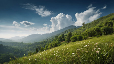 Mountain landscape with meadow, forest and blue sky with clouds