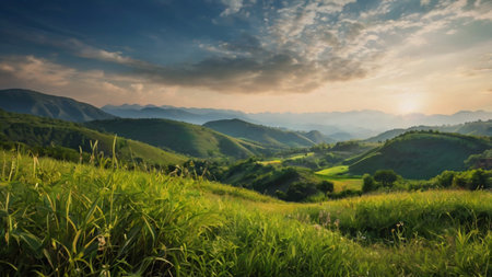 Sunset in the mountains. Landscape of hills and fields.の写真素材