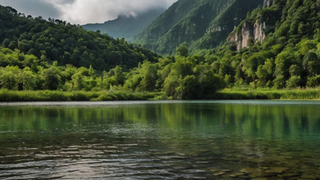 landscape of mountain river with green forest and cloudy sky in summer