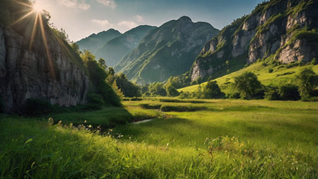 Beautiful summer landscape with green meadow and mountains in the background