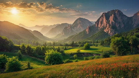 Beautiful summer landscape with mountains and meadow in the foreground.の写真素材