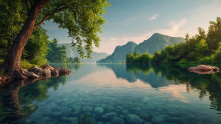 Beautiful landscape with a lake, trees and rocks. Panoramic view.の写真素材