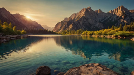 Beautiful lake in the mountains at sunset. Landscape photography.の写真素材