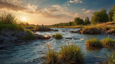 Sunset over the mountain river. Beautiful summer landscape with a river.の写真素材