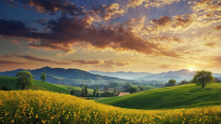 Sunset over a meadow with yellow flowers and mountains in the background