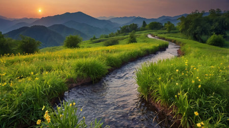 Beautiful landscape of grassland and mountain at sunset, Thailand.の写真素材