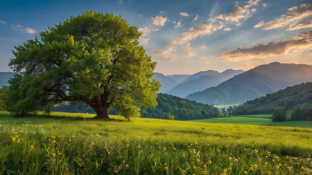 Lonely tree on a meadow in the mountains at sunsetの写真素材