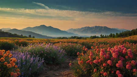 Mountain landscape with colorful flowers at sunset. View of the mountains.の写真素材