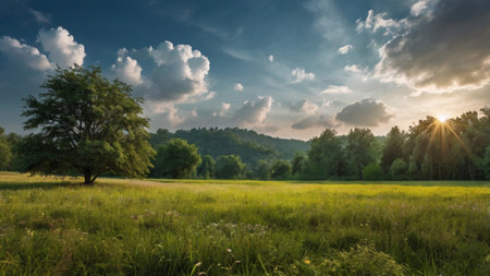Summer landscape with meadow, trees and clouds in the sky.の写真素材