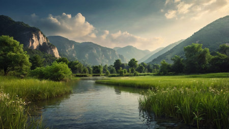 Mountain landscape with river and green meadow in sunny day.の写真素材
