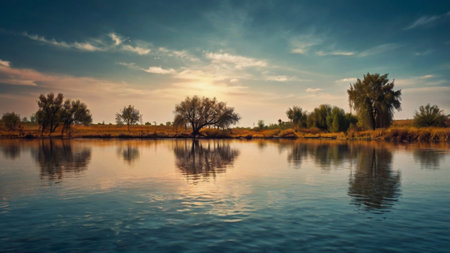 Beautiful landscape of sunset on the river with reflection in water.の写真素材