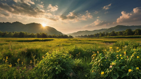 Sunset over rice field in summer. Landscape with green meadow and mountains.の写真素材