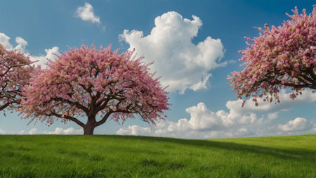 Beautiful spring landscape with blooming tree and green meadow under blue skyの写真素材