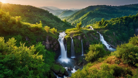 Waterfall in the mountains at sunset. Beautiful summer landscape with a waterfall.の写真素材