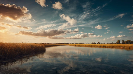 Sunset over the lake with clouds reflected in the water. Landscape.の写真素材