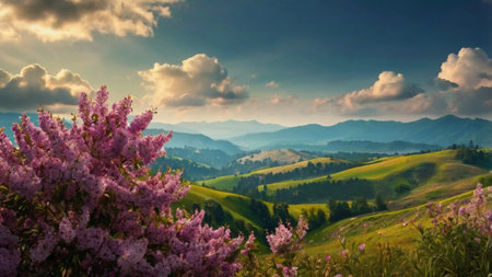 Beautiful spring landscape in the mountains. Pink flowers on the hills.の写真素材