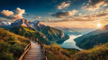 Stairs leading to the mountain lake at sunrise. Beautiful summer landscape.の写真素材