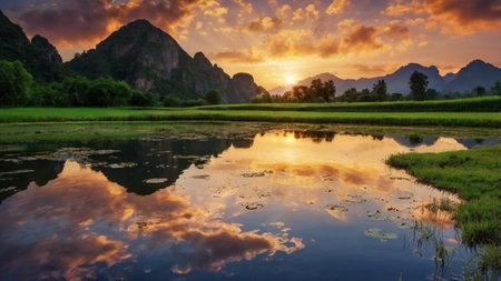 Landscape of karst mountains and lake at sunset, Vang Vieng, Laosの写真素材