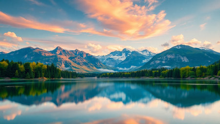 Beautiful landscape of alpine lake with reflection in water at sunrise.