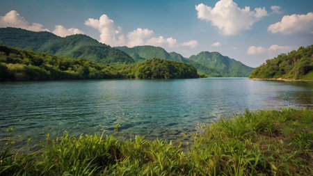 Landscape of lake and mountains in the summer. Nature composition.の写真素材