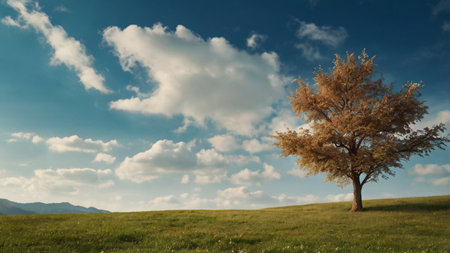 Lonely tree on a green meadow against blue sky with clouds