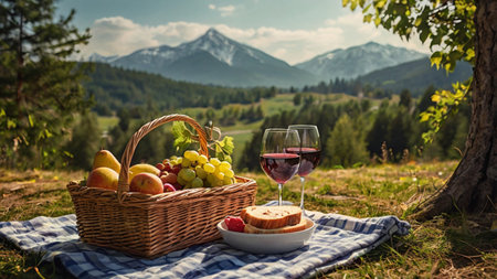 Wicker basket with fruits and wine on the background of mountains.の写真素材