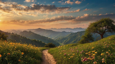 Beautiful sunset in the mountains. Panorama of the summer landscape.の写真素材