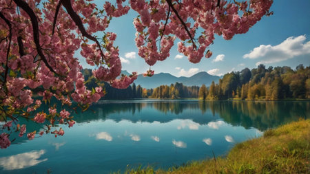 cherry blossom on the lake in bavaria, germanyの写真素材