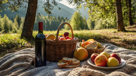 Picnic basket with fruits and wine on blanket in the woods.の写真素材
