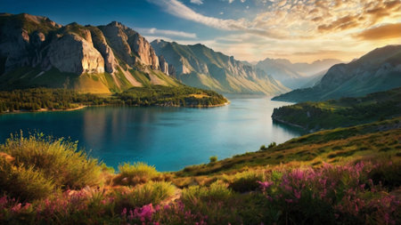 Beautiful summer landscape. Lake in the mountains. Sunrise in the mountains.