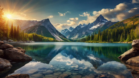 Beautiful mountain lake with reflection in water. Dramatic sky.の写真素材