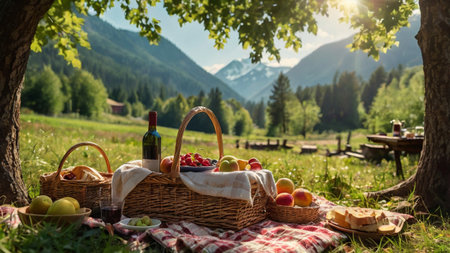 Picnic basket with fruits and wine on the grass in the mountainsの写真素材