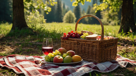 Picnic in the woods. Picnic basket with fruits, cheese and wineの写真素材